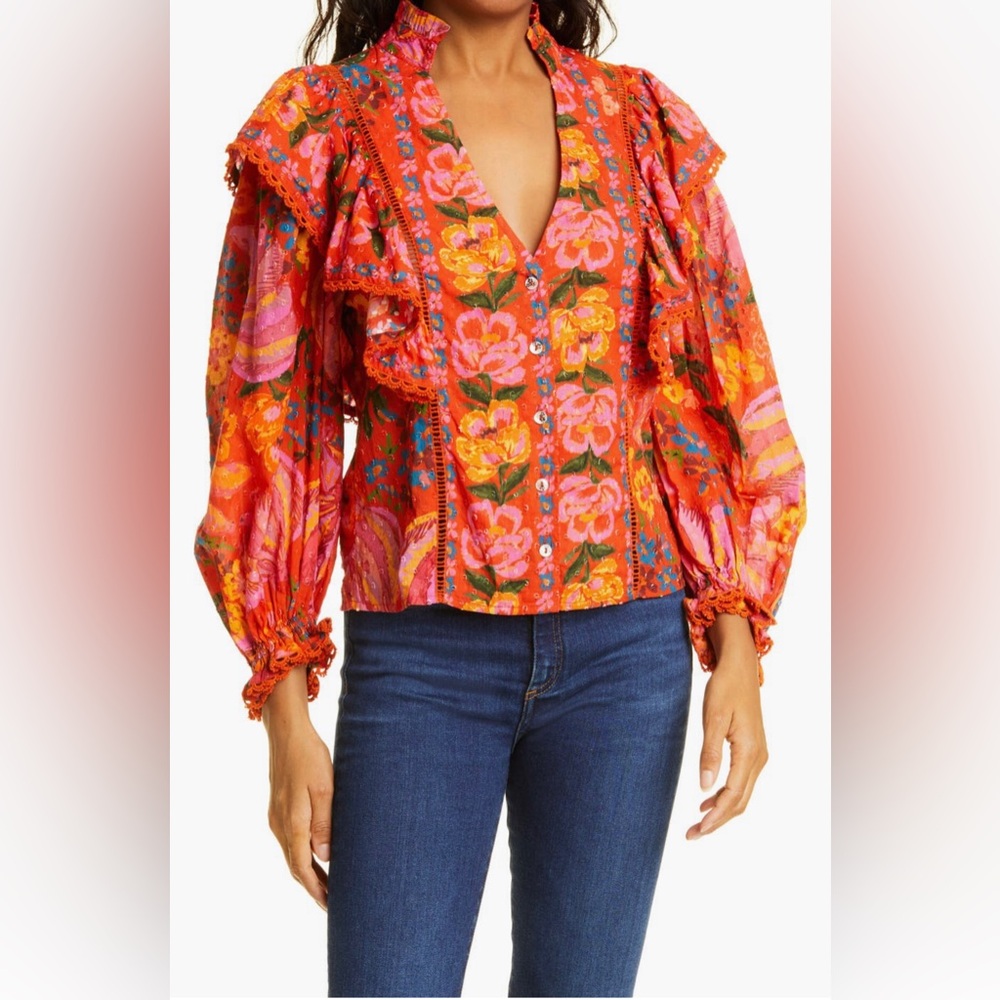 Farm Rio Bananas Ruffle Clip Dot Cotton Blouse - Size M